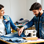 Upcycled Denim Fashion Studio**

A brightly lit fashion studio. A diverse group of designers are working on upcycled denim garments.  Old jeans are being transformed with patchwork, embroidery, and creative distressing.  Sewing machines and design sketches are visible in the background.  Models pose in finished, stylish upcycled denim jackets and pants.  Fully clothed, appropriate attire, safe for work, professional design environment, perfect anatomy, correct proportions, well-formed hands, proper finger count, natural body proportions, family-friendly.

**