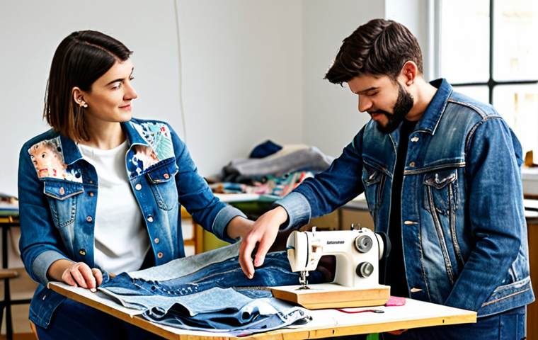 Upcycled Denim Fashion Studio**

A brightly lit fashion studio. A diverse group of designers are working on upcycled denim garments.  Old jeans are being transformed with patchwork, embroidery, and creative distressing.  Sewing machines and design sketches are visible in the background.  Models pose in finished, stylish upcycled denim jackets and pants.  Fully clothed, appropriate attire, safe for work, professional design environment, perfect anatomy, correct proportions, well-formed hands, proper finger count, natural body proportions, family-friendly.

**