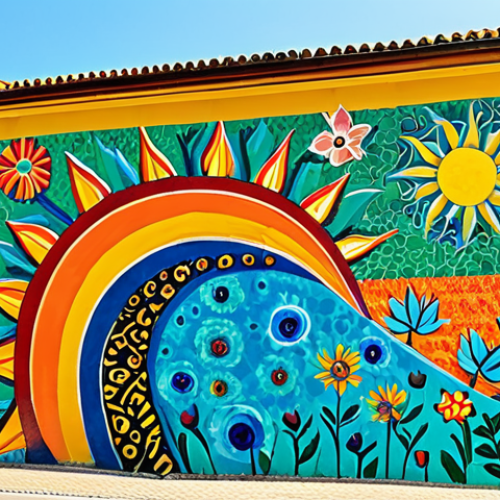 **

"A vibrant and colorful mural created from recycled materials adorning the side of a community center in Lisbon, Portugal. The mural depicts scenes of local life and nature. The scene is bright and sunny, showcasing the beauty of upcycling art. fully clothed, safe for work, appropriate content, family-friendly, professional photography, perfect anatomy, correct proportions, natural pose."

**