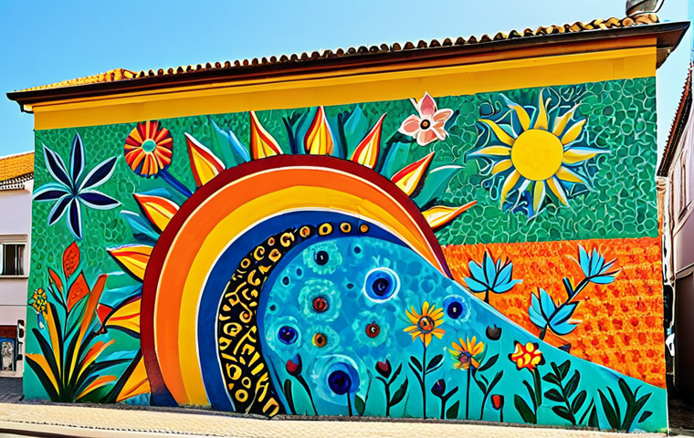 **

"A vibrant and colorful mural created from recycled materials adorning the side of a community center in Lisbon, Portugal. The mural depicts scenes of local life and nature. The scene is bright and sunny, showcasing the beauty of upcycling art. fully clothed, safe for work, appropriate content, family-friendly, professional photography, perfect anatomy, correct proportions, natural pose."

**