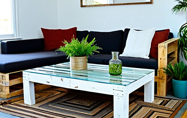 업사이클링 제품을 활용한 사회적 가치 창출 - Upcycled Home Decor**
"A brightly lit living room showcasing upcycled furniture: a coffee table mad...