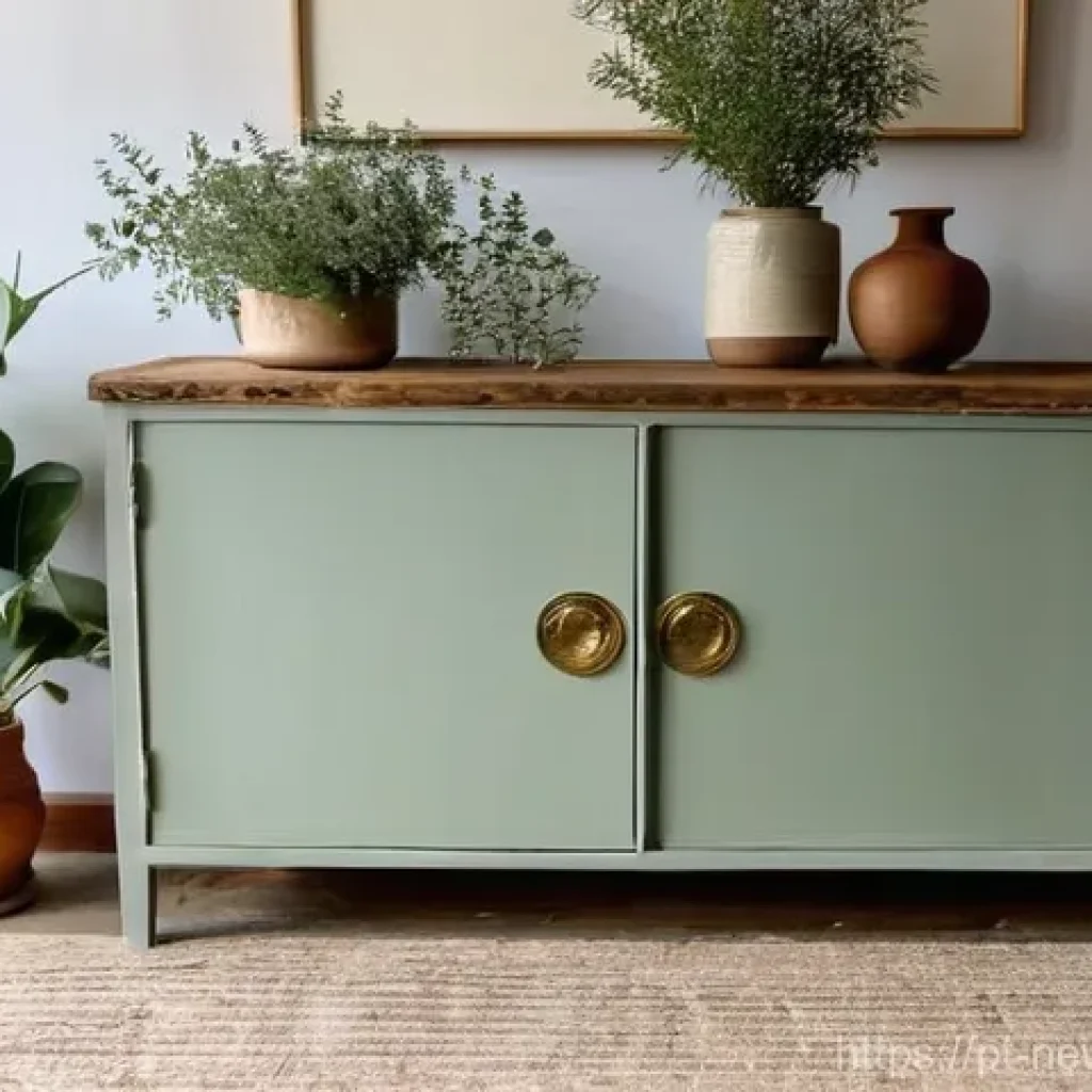 업사이클링 스타트업의 온라인 판매 전략 - **"A beautifully restored vintage wooden cabinet, upcycled with a fresh, matte sage green paint fini...