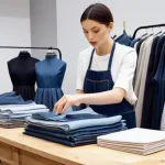 업사이클링 스타트업의 글로벌 파트너십 구축 - A focused shot in a sunlit, modern upcycling design studio. A skilled artisan, wearing practical yet...