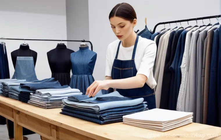 업사이클링 스타트업의 글로벌 파트너십 구축 - A focused shot in a sunlit, modern upcycling design studio. A skilled artisan, wearing practical yet...