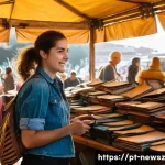 업사이클링 제품의 생산 및 유통 과정 이해하기 - A vibrant, bustling scene at the "Feira da Ladra" flea market in Lisbon, Portugal. Sunlight streams ...