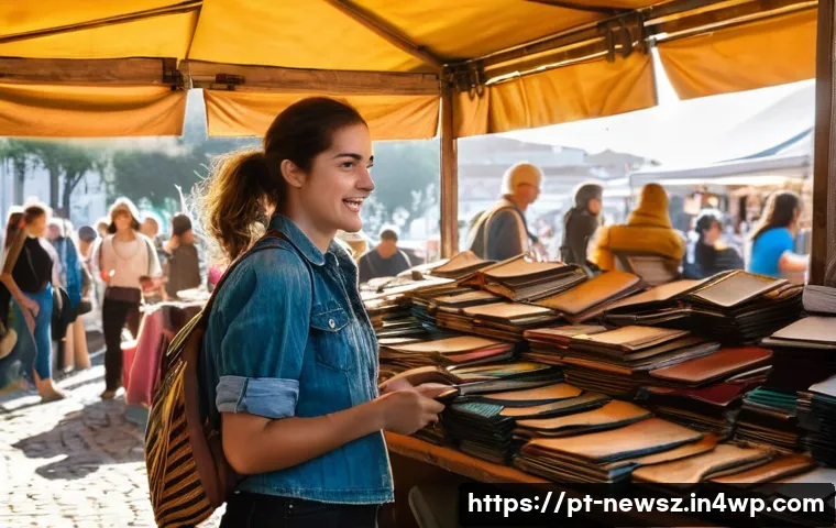 업사이클링 제품의 생산 및 유통 과정 이해하기 - A vibrant, bustling scene at the "Feira da Ladra" flea market in Lisbon, Portugal. Sunlight streams ...