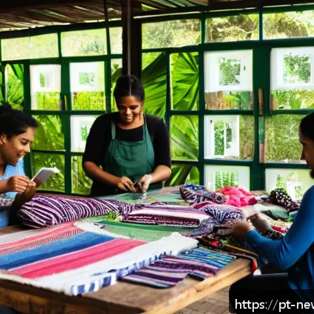 업사이클링 스타트업의 성장 전략 - A vibrant urban workshop scene in Brazil featuring diverse local artisans and designers collaboratin...