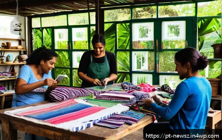 업사이클링 스타트업의 성장 전략 - A vibrant urban workshop scene in Brazil featuring diverse local artisans and designers collaboratin...