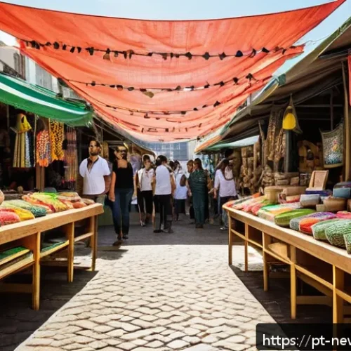 Home 17 업사이클링 제품의 유통 및 커뮤니케이션 전략 - A vibrant urban artisan market scene in São Paulo, Brazil, showcasing diverse consumers engaging wit...
