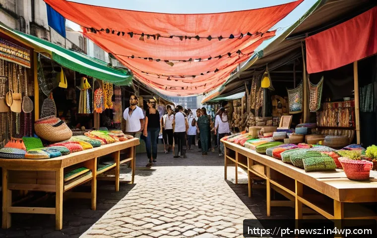 업사이클링 제품의 유통 및 커뮤니케이션 전략 - A vibrant urban artisan market scene in São Paulo, Brazil, showcasing diverse consumers engaging wit...